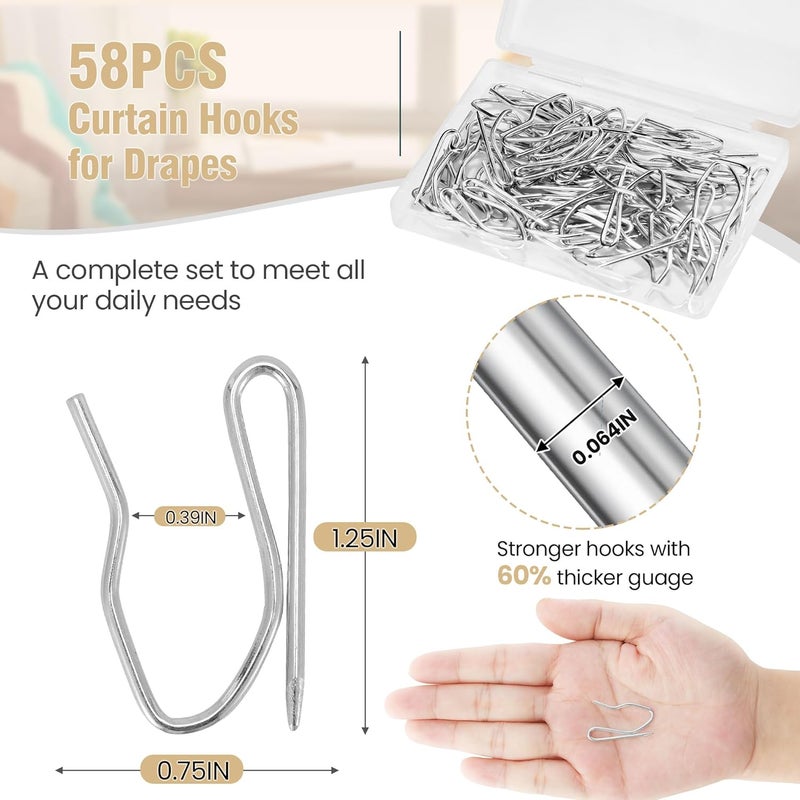 Junreox 1.25IN Curtain Hooks for Drapes, 58PCS Premium Rustproof Metal Drapery Hooks Pins for Header Type Window/Door/Shower/RV Curtains, Not for Tap-Top/Grommet Top/Red-Pocket Curtains - Image 2